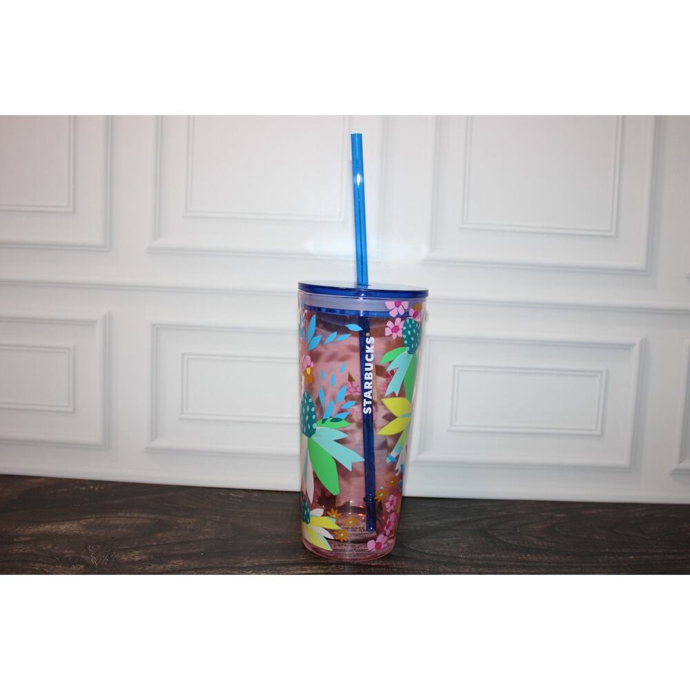 Starbucks Floral Glass Tumbler Cup w Straw Pink Blue EUC